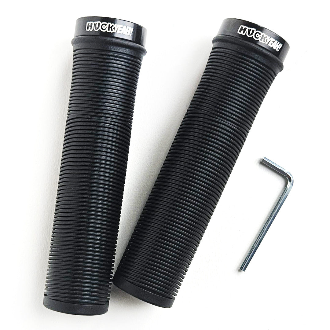 HuckYeah black mountain bike grips, includes 3mm allen key, mtb gift idea, front image