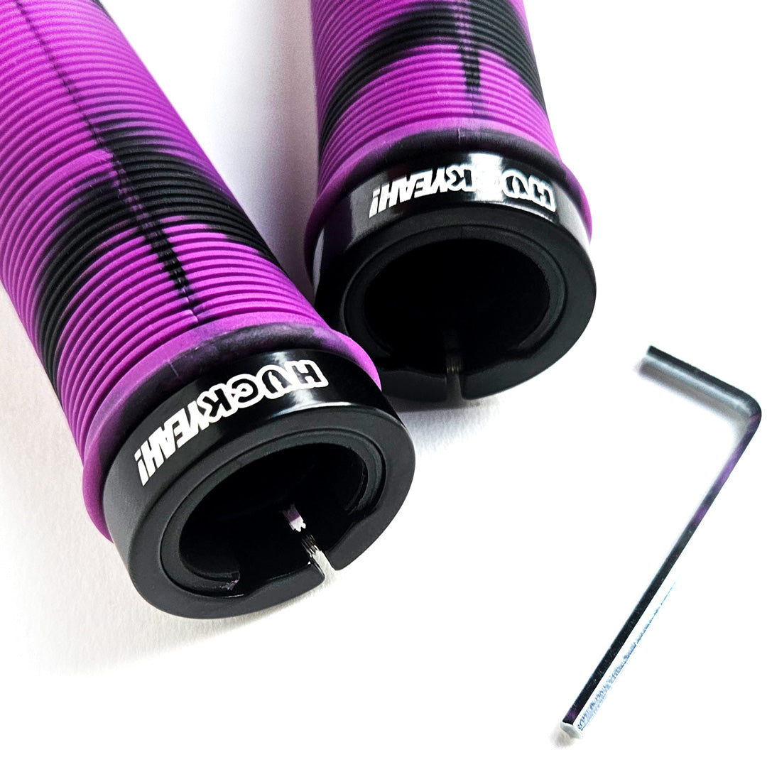 HuckYeah purple mountain bike grips, includes 3mm allen key, mtb gift idea, close up image with allen key