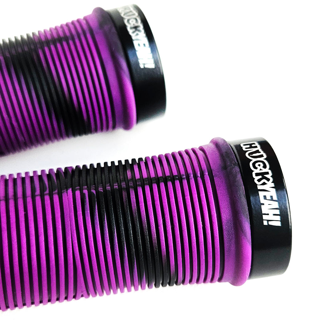 HuckYeah purple mountain bike grips, includes 3mm allen key, mtb gift idea, close up image