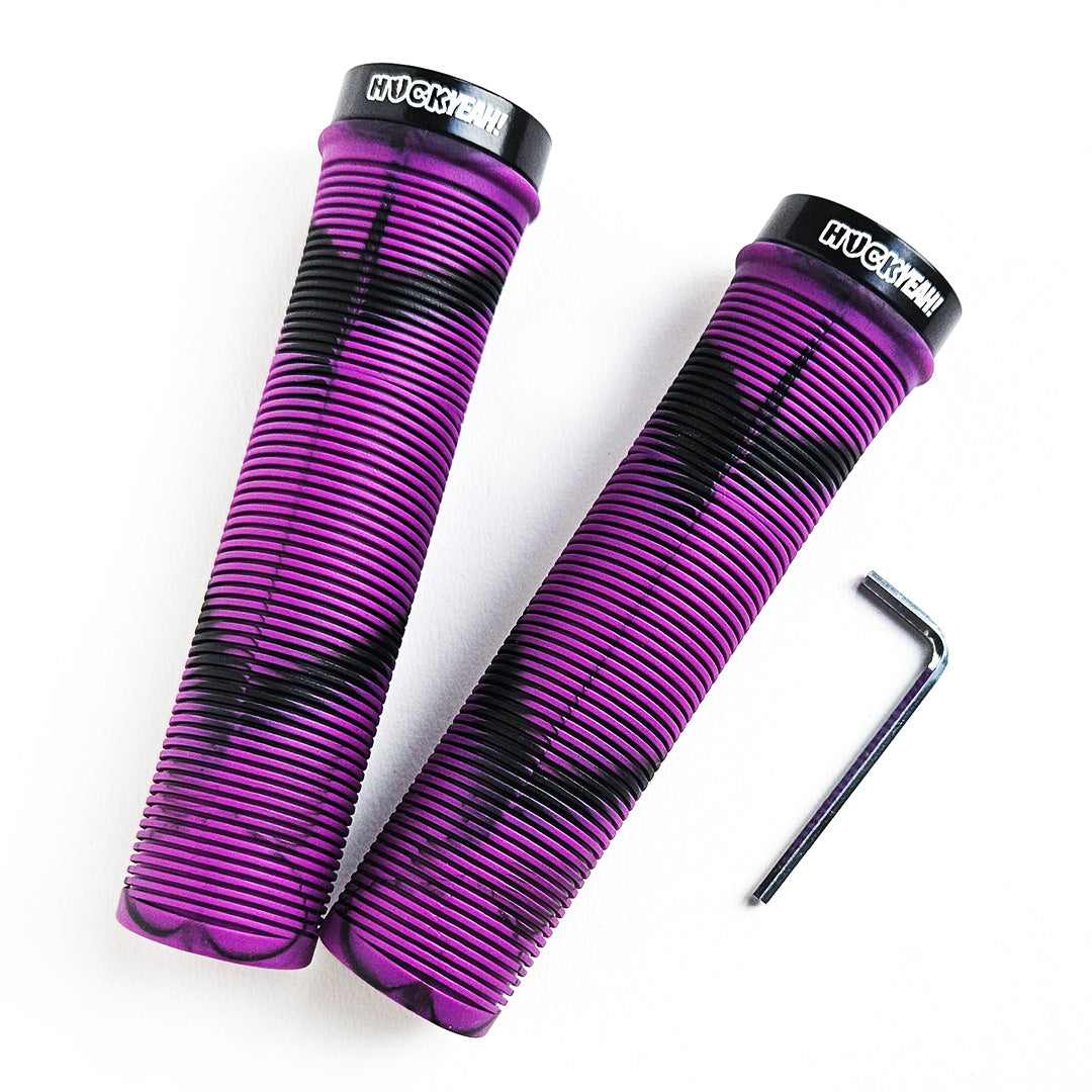 HuckYeah purple mountain bike grips, includes 3mm allen key, mtb gift idea, front image