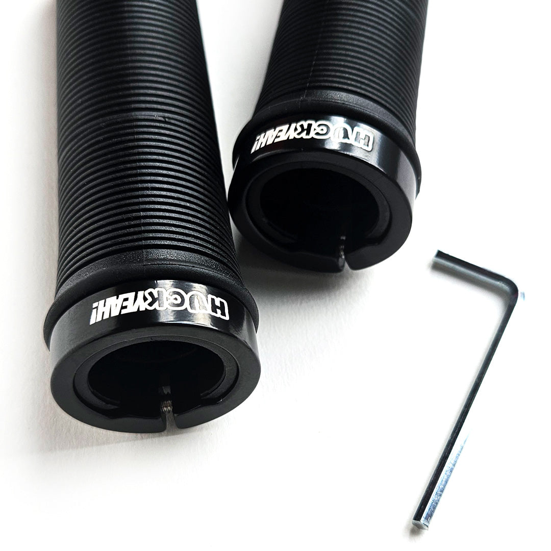 HuckYeah black mountain bike grips, includes 3mm allen key, mtb gift idea, close up with allen key image